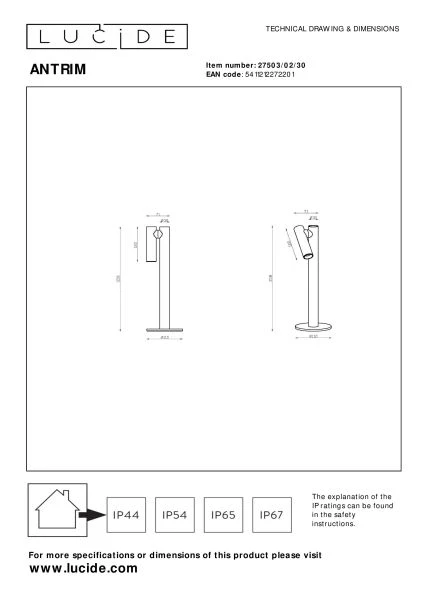 Lucide ANTRIM - Lampe de bureau Rechargeable Intérieur/Extérieur - Batterie/Piles - LED Dim. - 1x2,2W 2700K - IP54 - Avec station de charge sans fil - Noir - technique